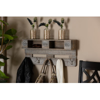 Baxton Studio 64B-17B4049-Grey Oak-Wall Rack Baxton Studio Ferguson Vintage Rustic Whitewashed Grey Oak Finished Wood Wall Mounted Coat Rack with Shelves